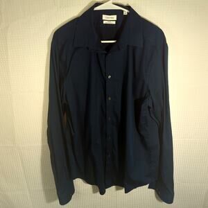 Calvin Klein XL Slim Fit Dress Shirt Men 17 36/37 Navy Blue Herringbone
